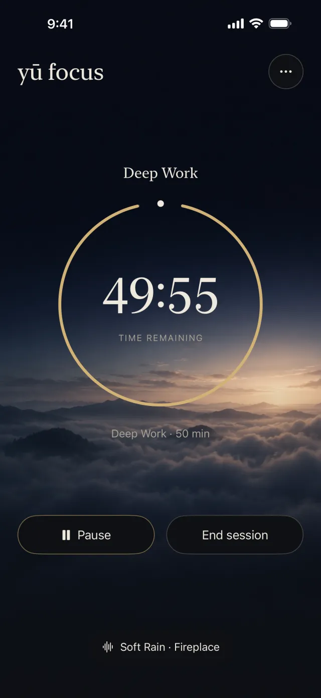 A session in progress in Yū Focus: the intention “Deep Work”, 49:55 remaining inside a gold circle over a twilight sky, the Pause and End session buttons, and the Soft Rain and Fireplace mix.