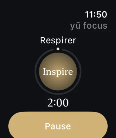 Apple Watch : une respiration guidée, un disque doré qui indique « Inspire », 2:00 restantes et un bouton Pause.